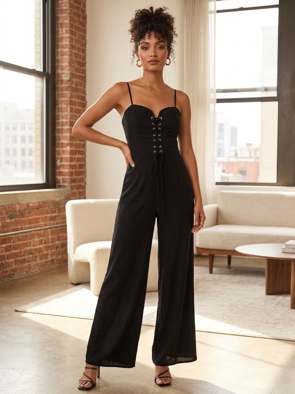 Kendall and Kylie Black Spaghetti-Strap Lace-Up Jumpsuit